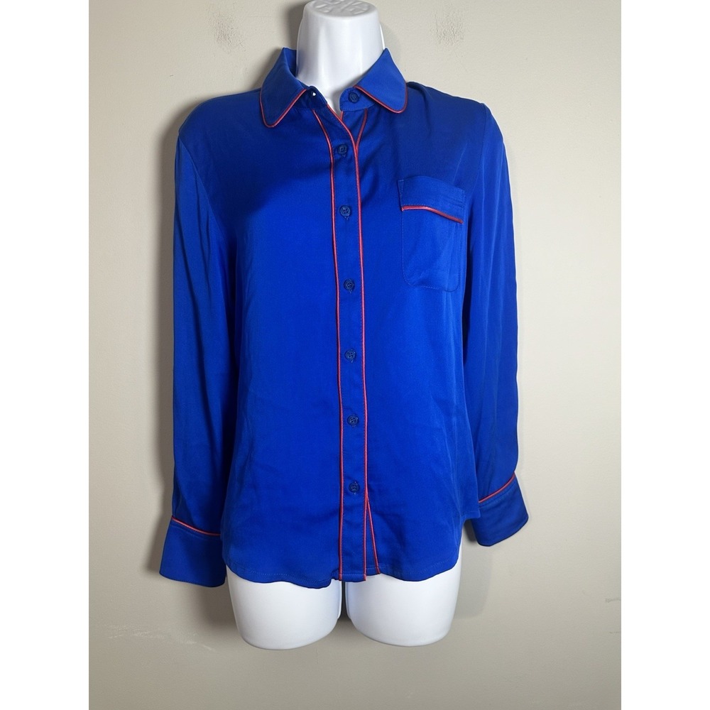 Piamita‎ Cobalt Blue Silk Pajama Blouse with Red Piping - Size XS